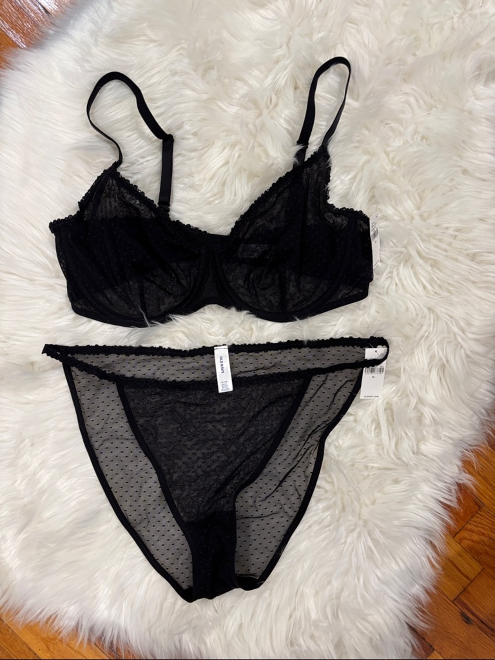 Lace-Trim Mesh-Dot
Balconette Bra 40C & Mesh String Bikini Underwear XL NWT